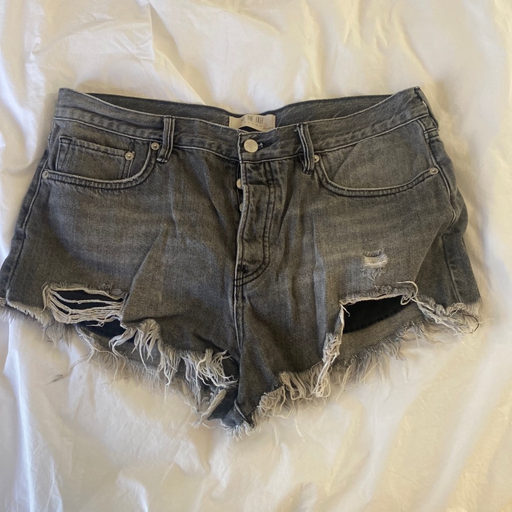 Free people mid rise grey denim shorts